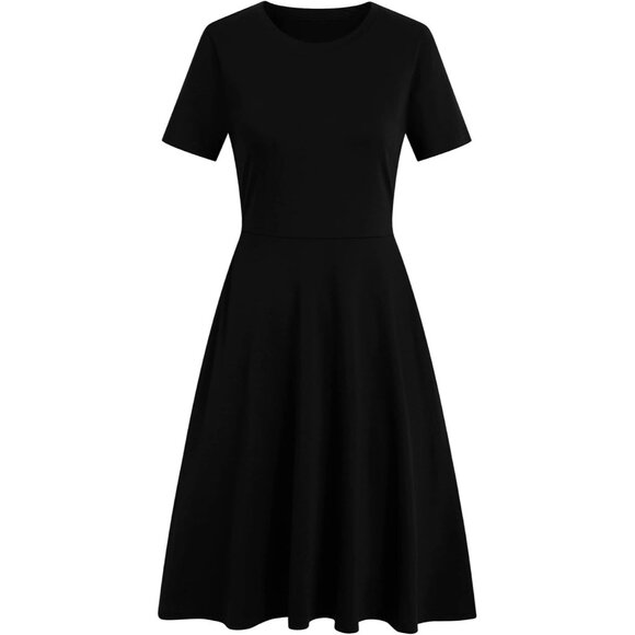 Women's Black Solid Elegant Knee Length Vintage A-Line Swing Dress with Pockets - Picture 4 of 5